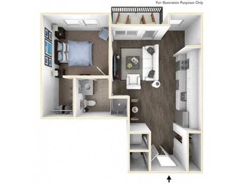 Floor plan for 1 bed, 1 bath, 608 sqft